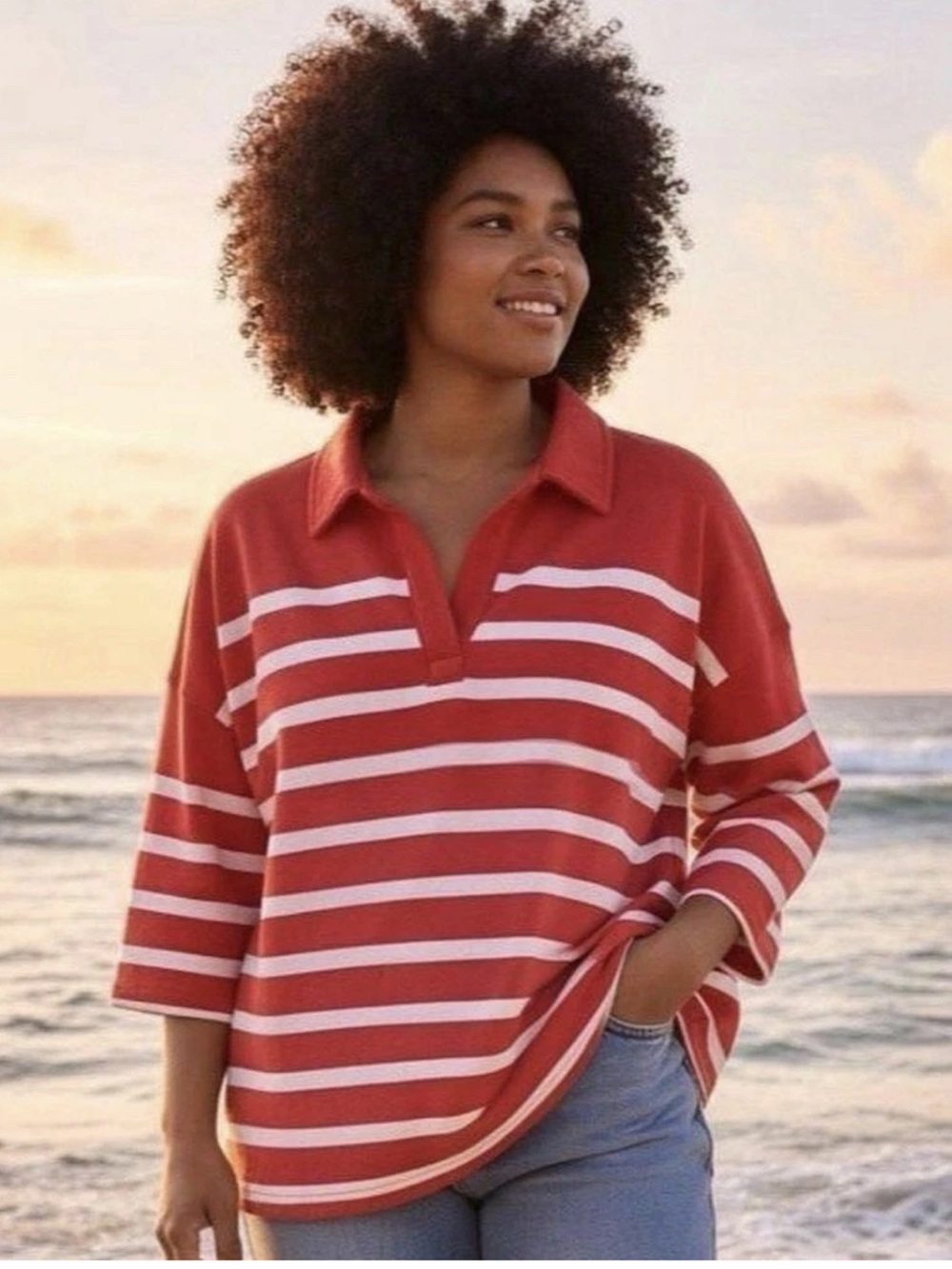 Vineyard Vines Striped 3/4 Sleeve Polo Top Red White Women’s Medium